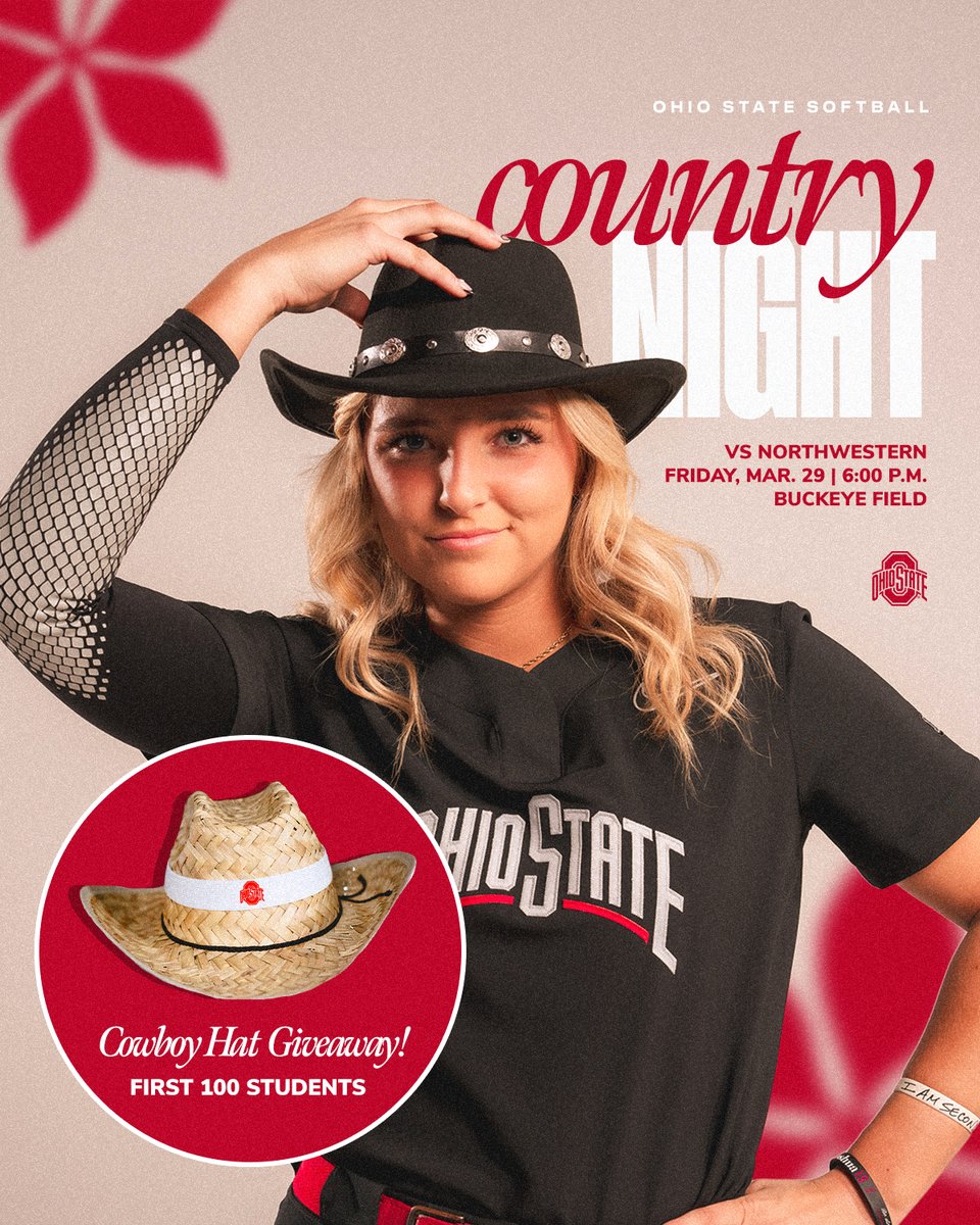 🎶 𝗖𝗢𝗨𝗡𝗧𝗥𝗬 𝗡𝗜𝗚𝗛𝗧 🎶 We’re combining two of our favorite things – softball and country music – tomorrow night at Buckeye Field. First 100 students receive a free cowboy hat ‼️🤠 🎟️: go.osu.edu/24SBTix | #GoBucks