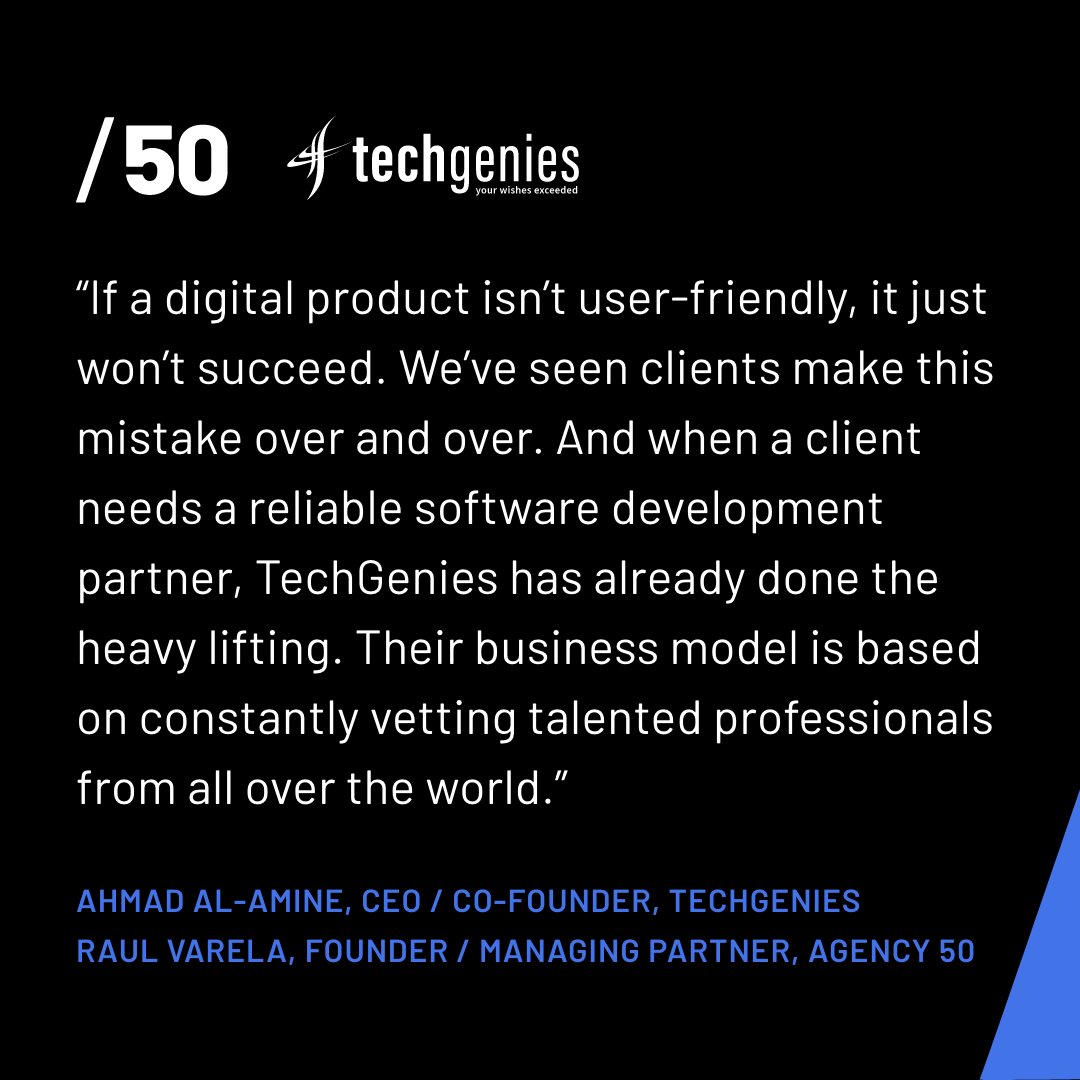 🚨 #Agency50 has partnered with global software experts, @TechGenies! Combined, we're your one-stop shop for cutting-edge digital solutions. Branding, marketing, killer products, we do it all.
More on the partnership + how we work together: bit.ly/3TEGb1Y #globalpartner