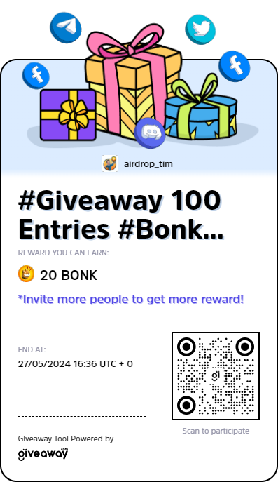 tim23qa's tweet photo. Very excited to announce the giveaway #Giveaway 100 Entries #Bonk New Token #Solana #Airdrop #Appril, #May #2024 on @Giveaway_HQ, click the link below to participate and win “20 BONK”!
#Giveaway #Airdrop
👉 https://t.co/x3jDNmR0nW https://t.co/CamaFz8UMT