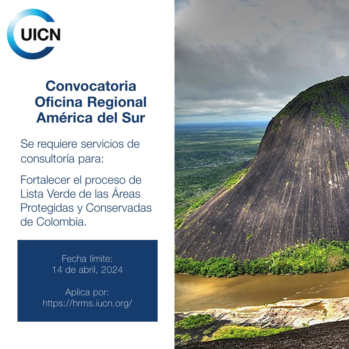 🚨OPORTUNIDAD LABORAL🚨 Se requiere servicios de consultoría para: Fortalecer el proceso de Lista Verde de las Áreas Protegidas y Conservadas de Colombia. 📅 Fecha límite: 14 de abril, 2024 ➡️ hrms.iucn.org/iresy/index.cf… @IUCN_PA @IUCN_WCPA @ParquesColombia