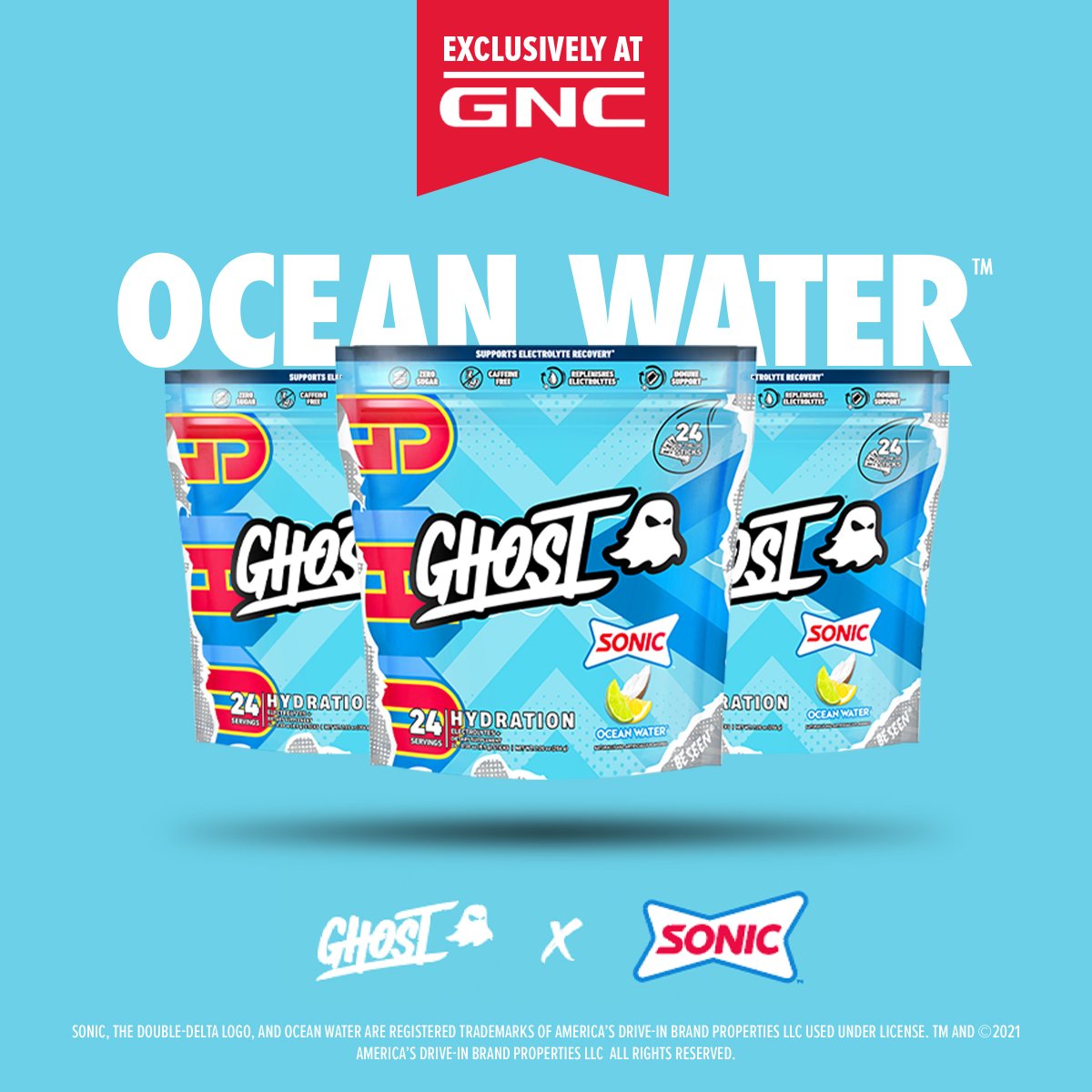 🚨 NEW FLAVOR ALERT 🚨GHOST® HYDRATION STICKS are now available in SONIC®'s fan-favorite flavor, 'OCEAN WATER'. 🥥🌊 Hit the link below or visit your local GNC to snag yours NOW! 🤤 Link: bit.ly/3x8XWyS