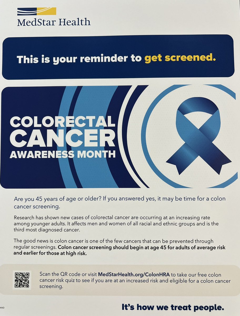 Today we are joining our colleagues at @MedStarWHC to provide colorectal cancer awareness resources from @MedStarHealth and our community advocacy partners. Stop by the Physicians Office Building Atrium to learn more about this disease and schedule your screening today!