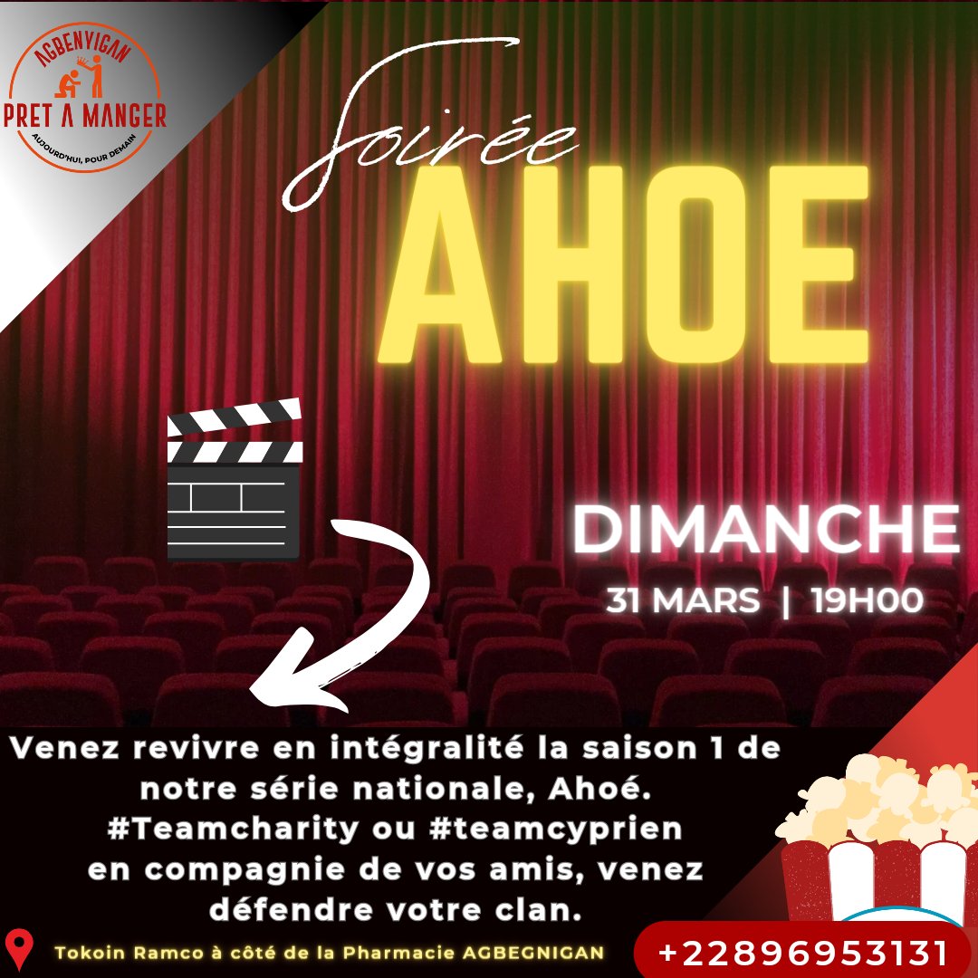 Toi aussi, tu vibres au rythme des séries togolaises ? 🇹🇬
Alors rejoins-nous pour une soirée cinéma #tgtwittos

Ce 30 Mars à 19h00, viens vibrer au rythme de #ahoewebserie

Au programme :
Diffusion des épisodes
Ambiance conviviale et popcorn à disposition 
Débat et échanges 1/2