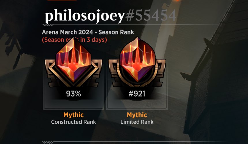 I don’t have any friends that play Magic so I figured I’d share it here, but this was the first season I attempted double mythic(I never play constructed). Felt good to accomplish it, even though I couldn’t stand MKM limited