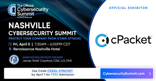 cPacket (@cpacket) on Twitter photo We're going to be at <a href="/CyberSummitUSA/">Official Cyber Security Summit</a> on April 5th in Nashville! Learn about current threats and the latest cyber security solutions.
Register for FREE by April 1st with promo code CSS24-CPACKET.
cybersecuritysummit.com/summit/nashvil…
#NetOps #SecOps #OfficialCyberSecuritySummit #CRAevents We're going to be at <a href="/CyberSummitUSA/">Official Cyber Security Summit</a> on April 5th in Nashville! Learn about current threats and the latest cyber security solutions.
Register for FREE by April 1st with promo code CSS24-CPACKET.
cybersecuritysummit.com/summit/nashvil…
#NetOps #SecOps #OfficialCyberSecuritySummit #CRAevents