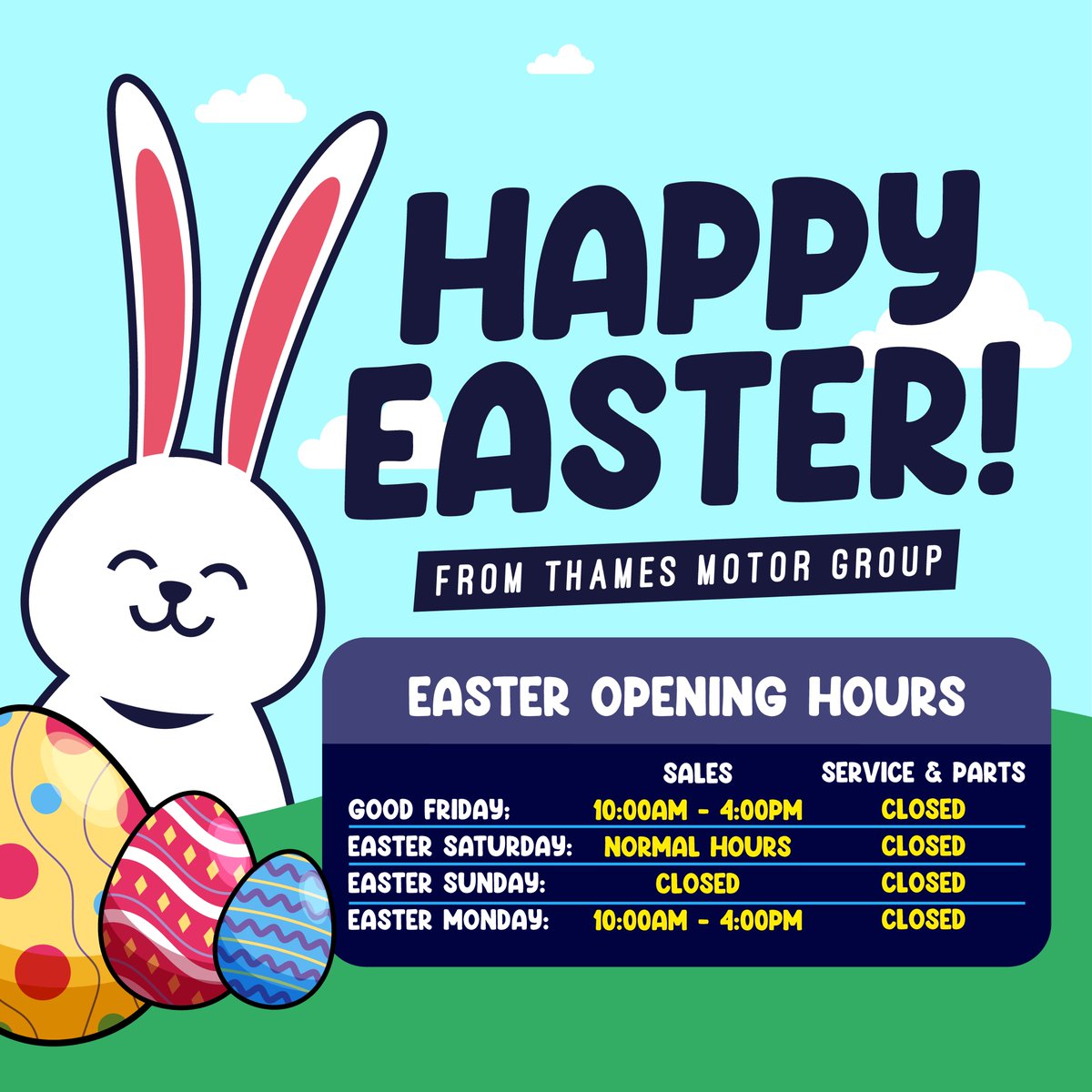 Happy Easter from all of us at Thames Motor Group! 🐣🐰

Don’t miss our bank holiday opening hours.

#OpeningHours #Easter