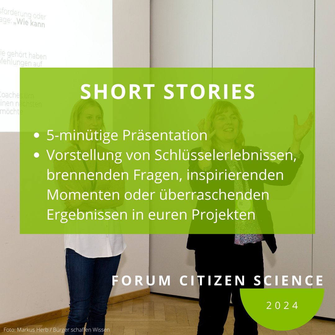 Neben Altbewährtem gibt es beim #ForumCS 2024 auch neue Formate! Mit den Short Stories laden wir euch ein, Schlüsselerlebnisse, brennende Fragen, inspirierende Momente oder überraschende Ergebnisse mit der #CitizenScience-Community zu teilen. Zum Call: buergerschaffenwissen.de/veranstaltunge…