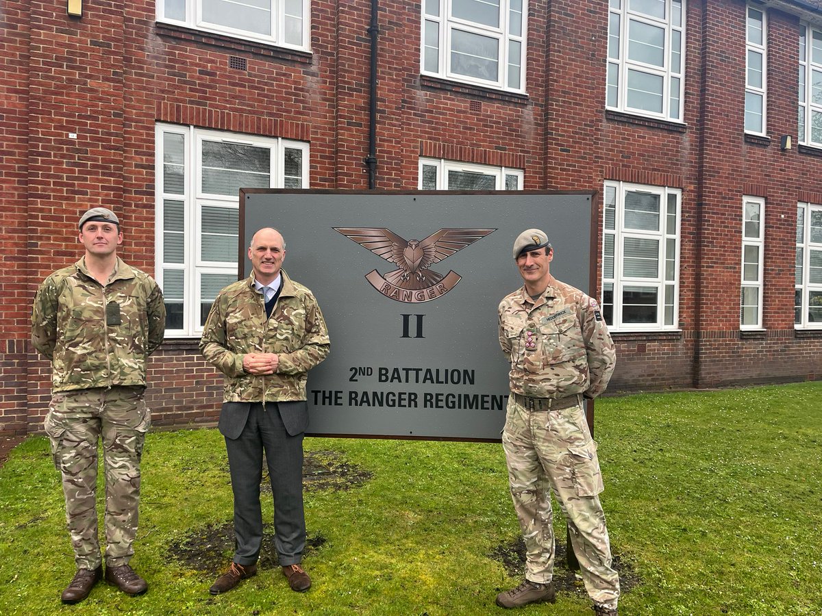 DefenceHQ's tweet photo. In his first engagement as Minister for the Armed Forces, @LeoDochertyUK visited Aldershot Garrison today to receive an update from Home Command and to meet members of the Ranger Regiment to find out more about their work. https://t.co/O1XnnuPfqP
