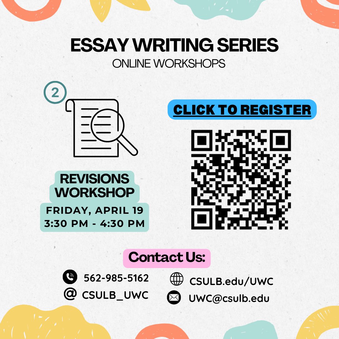 CSULB_UWC's tweet image. Essay Writing Series Workshop 📝

We got it all! ✏️

Organization Workshop:
Friday April 12th, 1:00 PM - 2:00 PM

Revisions Workshop:
Friday April 19th, 3:30 PM - 4:30 PM

Proofreading Workshop:
Friday April 26th, 1:00 PM - 2:00 PM

🔗: csulb.qualtrics.com/jfe/form/SV_4V… or link in our bio.