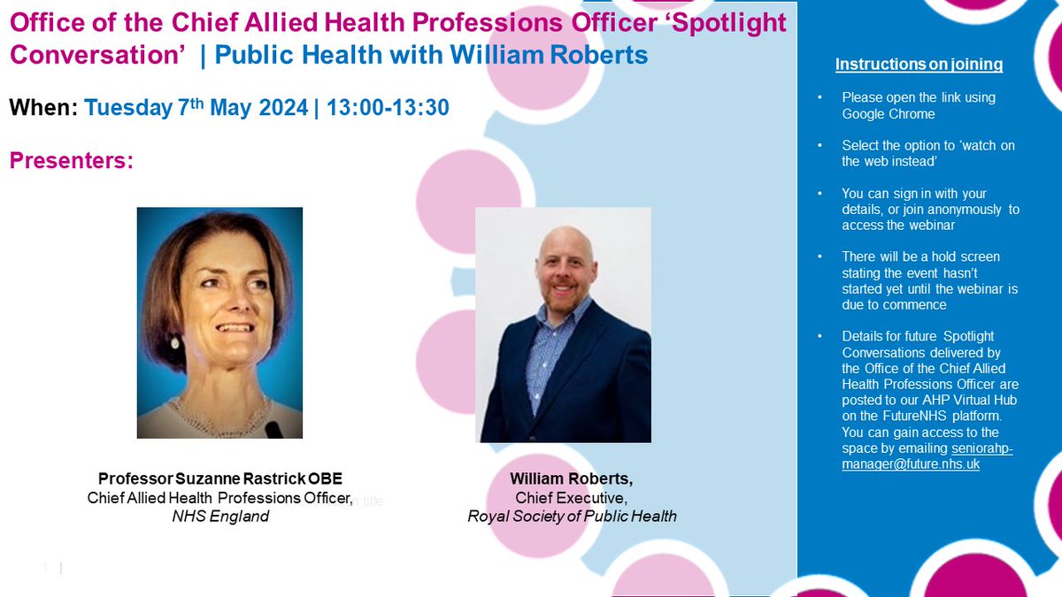 🚨Rescheduled Spotlight Conversation   Our next CAHPO spotlight conversation will explore role of the #AHP community in public health   I will be in conversation with @WilliamR0b3rts @R_S_P_H & hopefully no IT glitches🤞   📆 Tues 7 May, 13:00 – 13:30hrs @WeAHPs @AHPsEverywhere