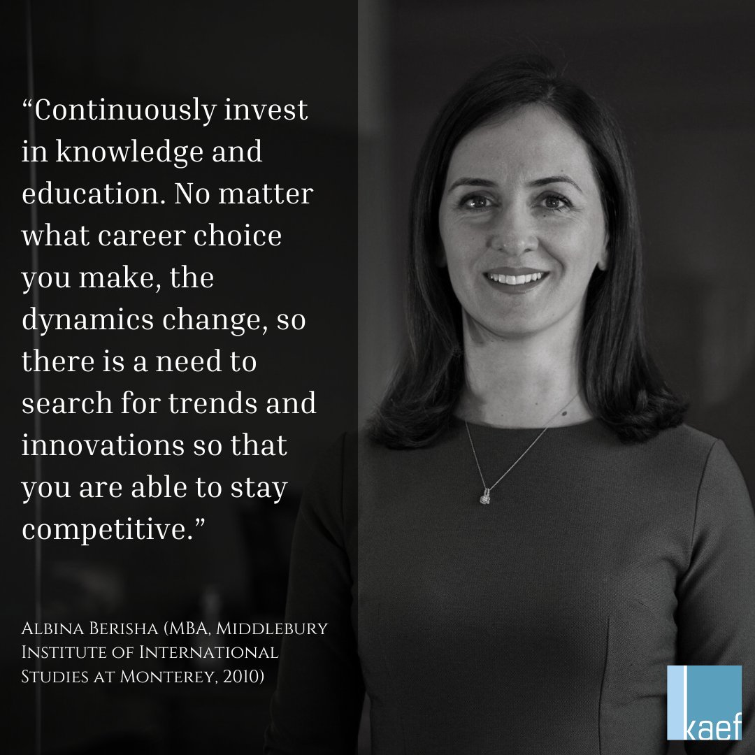 This Women's History Month, let's be inspired by the powerful voices of our KAEF alumnae.🌸 Albina Berisha (MBA, @MIIS '10) encourages continuous learning and innovation as essential tools for navigating the dynamic changes in the labor market.