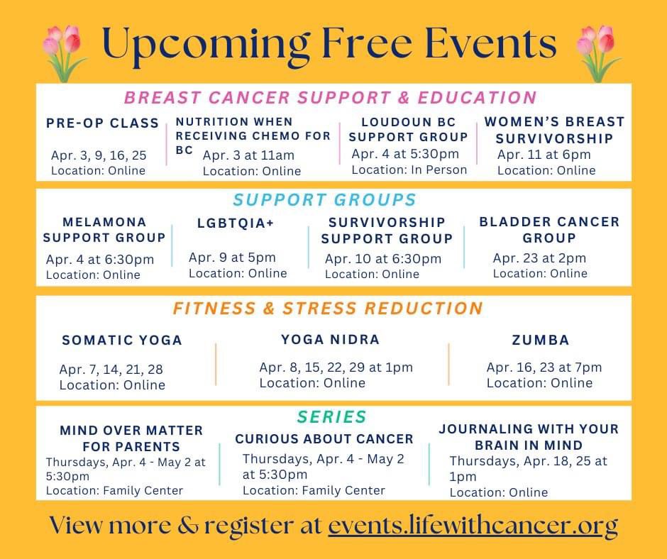 LifewithCancer's tweet image. 💐🌷Spring into a season of renewal and wellness with our lineup of upcoming support &amp;amp; education groups, fitness classes, &amp;amp; more! 
👉Visit events.lifewithcancer.org to register today.