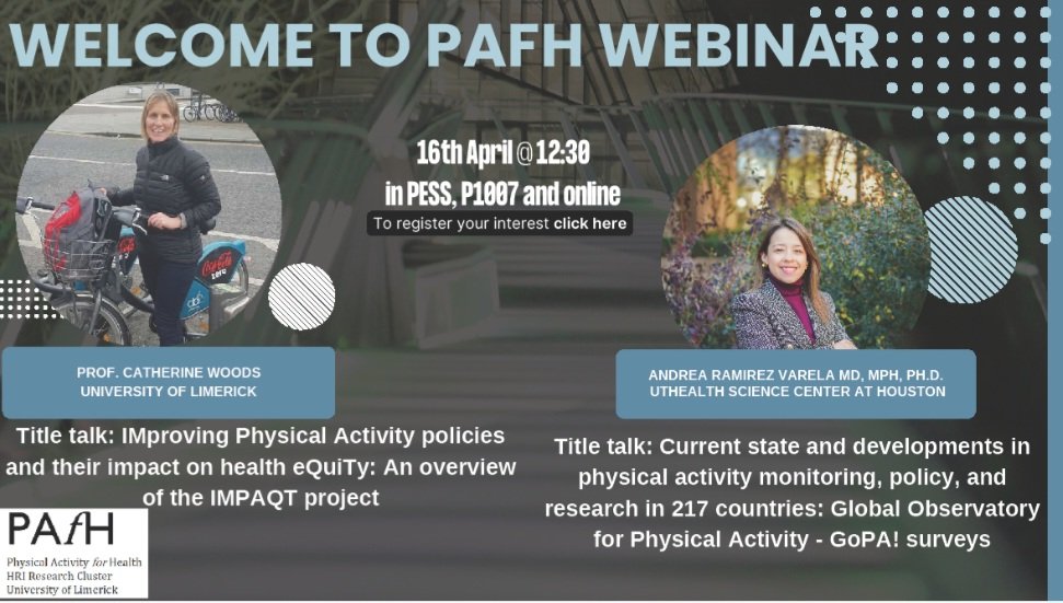 Physical Activity for Health Research Centre @UL (@pafh_ul) on Twitter photo 📢Join us at our next PAfH webinar on 16th April 📢
Link to registration below.
forms.office.com/pages/response…
<a href="/CatherineBWoods/">Catherine Woods</a> Andrea Ramirez Varela <a href="/HRI_UL/">Health Research Institute</a> <a href="/PessLimerick/">PESS @ UL</a> <a href="/DrBPCarson/">Brian Carson</a> @roisinc1 <a href="/ajamesgreen/">James Green 🇳🇿 🇮🇪 @ajamesgreen@mastodon.social</a> <a href="/ElaineMurtagh/">Elaine Murtagh</a> <a href="/GrainneHayes89/">Grainne Hayes</a> <a href="/mph8/">Dr. Matthew P. Herring, PhD, FACSM</a> 📢Join us at our next PAfH webinar on 16th April 📢
Link to registration below.
forms.office.com/pages/response…
<a href="/CatherineBWoods/">Catherine Woods</a> Andrea Ramirez Varela <a href="/HRI_UL/">Health Research Institute</a> <a href="/PessLimerick/">PESS @ UL</a> <a href="/DrBPCarson/">Brian Carson</a> @roisinc1 <a href="/ajamesgreen/">James Green 🇳🇿 🇮🇪 @ajamesgreen@mastodon.social</a> <a href="/ElaineMurtagh/">Elaine Murtagh</a> <a href="/GrainneHayes89/">Grainne Hayes</a> <a href="/mph8/">Dr. Matthew P. Herring, PhD, FACSM</a>