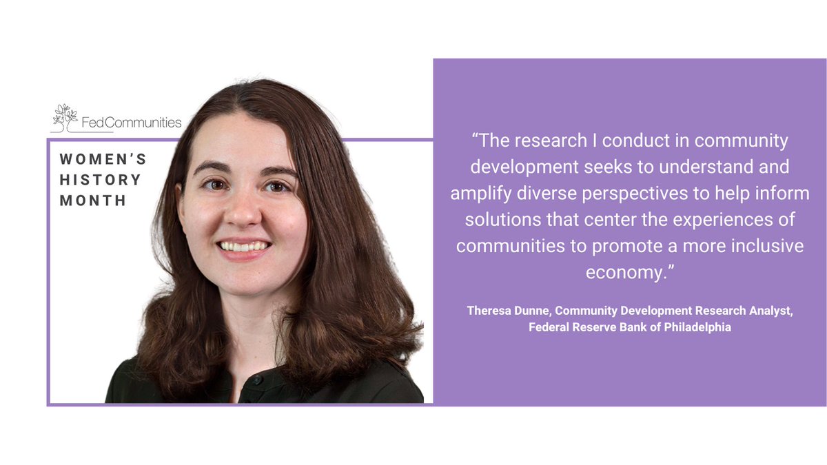 Celebrate Women's History Month with Theresa Dunne, a community  development research analyst at the @philadelphiafed. Read on to find out more about the impactful work Theresa is doing in her district. 💜

#CommunityResearch #InclusiveEconomy #WomensHistoryMonth