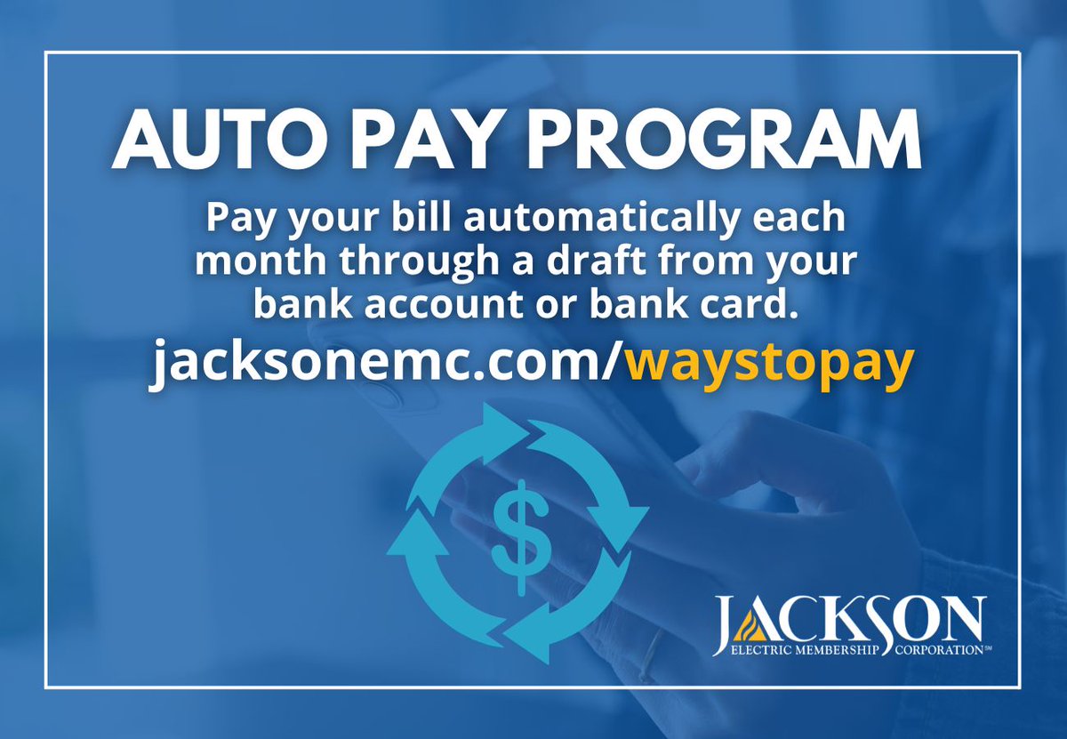 As USPS delays affect our members now is a great opportunity to explore our ways to pay! Our auto pay program automatically pays your bill through a draft from your bank account or card monthly. For more options, visit jacksonemc.com/waystopay or login to MyJacksonEMC.com