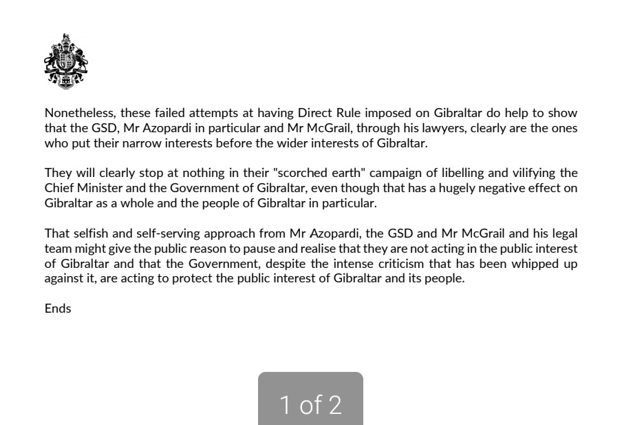 Mr Azopardi, the GSD, Mr McGrail and his legal team have failed in seeking Direct Rule when we were making Gibraltar law like UK law. They cannot get away from the retrograde, colonial approach they have taken. Despite the vitriolic attacks, we will act to protect Gibraltar!