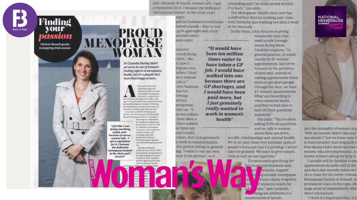The amazing Dr Caoimhe Hartley, Clinical Lead Rotunda Hospital Menopause Clinic, Founder & CEO @MenopauseHealth is featured in Ireland's @womans_way discussing her journey as a leading expert in the area of #menopause health. She will also be speaking at our upcoming summit.