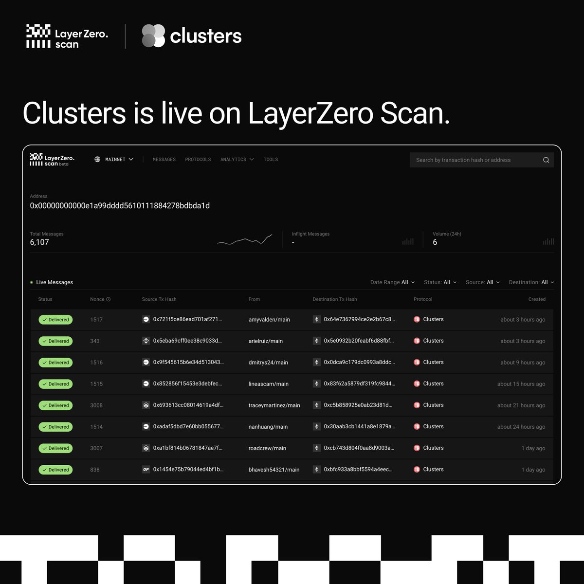 ⚡ LayerZero Scan Update ⚡ @clustersxyz has been integrated into LayerZero Scan, enabling human-readable tracking of omnichain transactions. All chains. All wallets. One name. Explore the integration at layerzeroscan.com