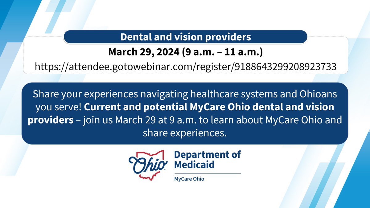 Share your experiences navigating healthcare systems and Ohioans you serve! Current and potential MyCare Ohio dental and vision providers – join us March 29 at 9 a.m. to learn about MyCare Ohio and share experiences. attendee.gotowebinar.com/register/91886…