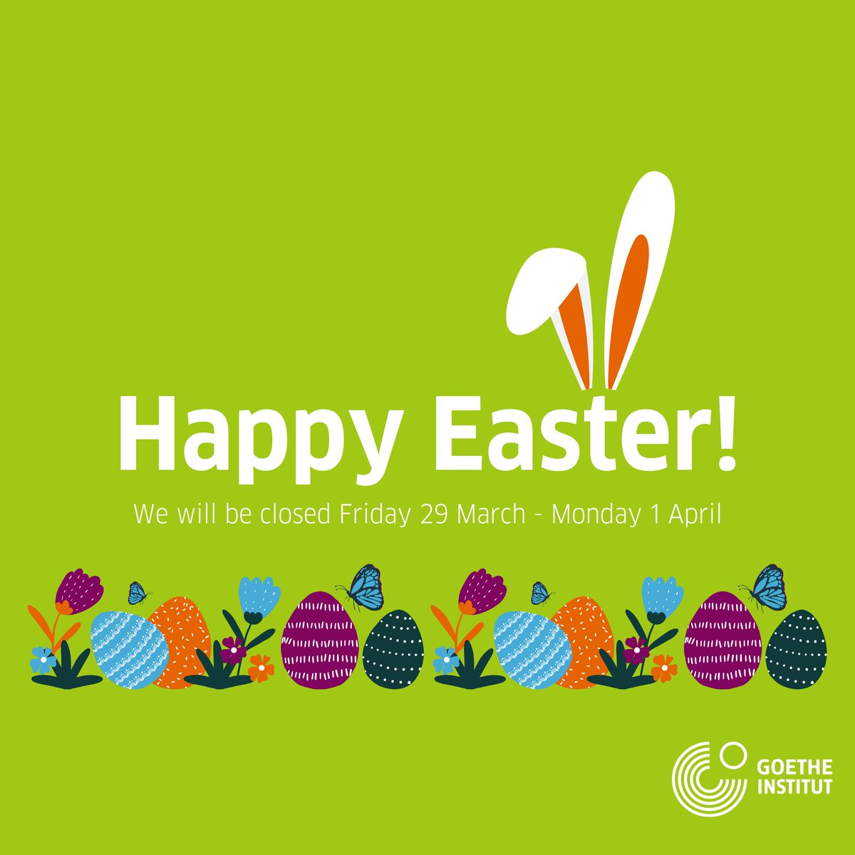 Frohe Ostern! 🐣🌷 The Goethe-Institut Glasgow will be closed over Easter weekend from Friday 29 March through Monday 1 April. We hope you enjoy the long weekend and we'll see you when we reopen on Tuesday 2 April.