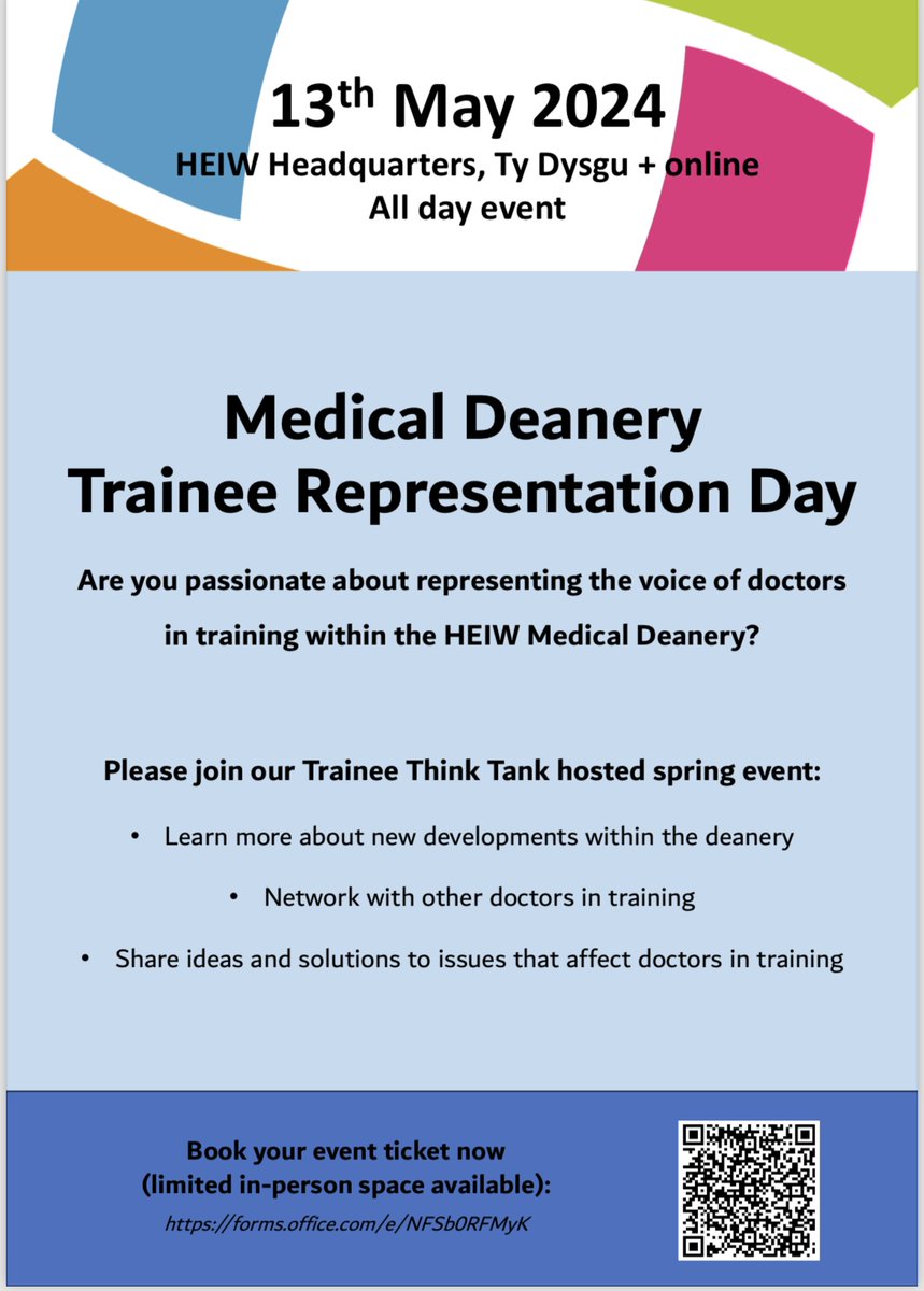 Are you a doctor in training that is interested in having your voice heard within the HEIW Medical Deanery? Please join us for a day of learning, discussion and networking in HEIW 🏴󠁧󠁢󠁷󠁬󠁳󠁿 @WelshFellows @Wales_TTT 

forms.office.com/pages/response…