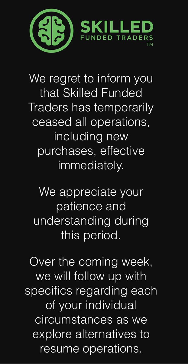 PropFirmMatch's tweet photo. ⛔️ Skilled Funded Trader is also pausing operations. https://t.co/Hf4AMpb07x