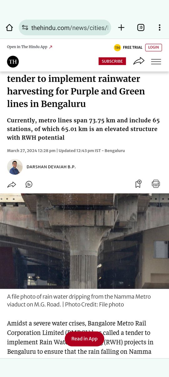 Timely, Thoughtful decision by @MDNammaMetro. Try finishing RWH pits before the arrival of monsoon. Start from Water scarce Mahadevapura areas @Sdg13Un Namma Metro calls tender to implement rainwater harvesting for Purple and Green lines in Bengaluru - thehindu.com/news/cities/ba…,