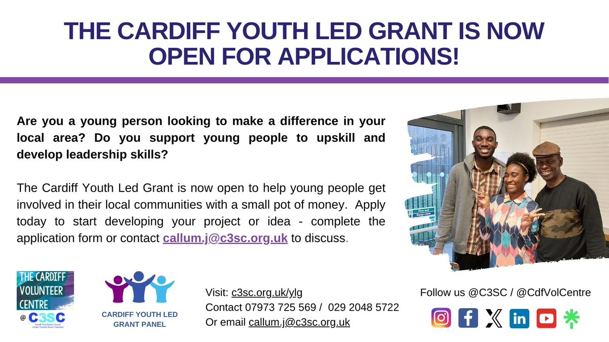 Young people aged 14-25 can now apply to the #Cardiff #YouthLedGrant 2024/25 cycle! If you're passionate about #social change and making an impact to your local community, the small grant is a great starting point to achieving that. Find out how: c3sc.org.uk/ylg