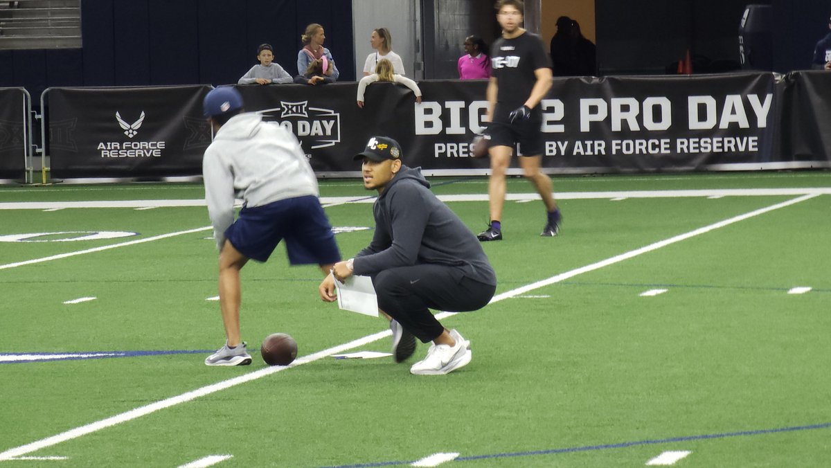 .@SlaterNFL talking with @UCF_Football QB @JohnRhysPlumlee after throwing at the Big XII combine. Cowboys QB Trey Lance ran Plumlee through the workout script. Lance and Plumlee have been working out together with @J_ChristensenQB.