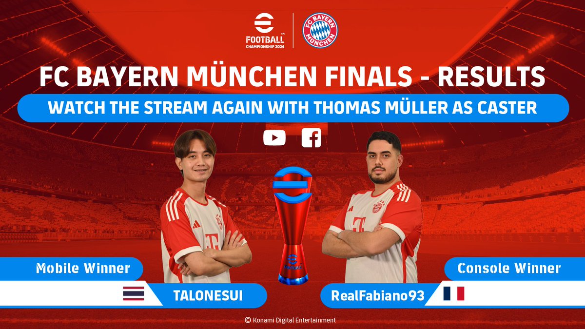 Hats off to the champions of the #eFootballChampionship at the @FCBayern finals ⚽️

📱 #Talonesui 
🎮 #RealFabiano93

Cheers to victory! Tokyo, here we come!  🇯🇵

Catch the replay here ⬇️

📹 bit.ly/FCBayernClubFi…

Results here ⬇️

bit.ly/FCBayernResults

#BeChampions