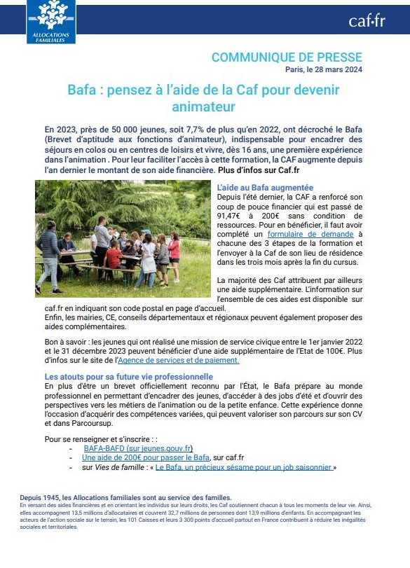 #Communiqué de #Presse 🗞

La <a href="/cnaf_actus/">Allocations Familiales</a> augmente son aide pour le #Bafa : une nouvelle opportunité pour les jeunes animateurs en herbe !

En 2023, près de 50 000 jeunes ont décroché leur #Bafa, soit une hausse de 7,7% par rapport à l'année précédente.

👉 Cette certification