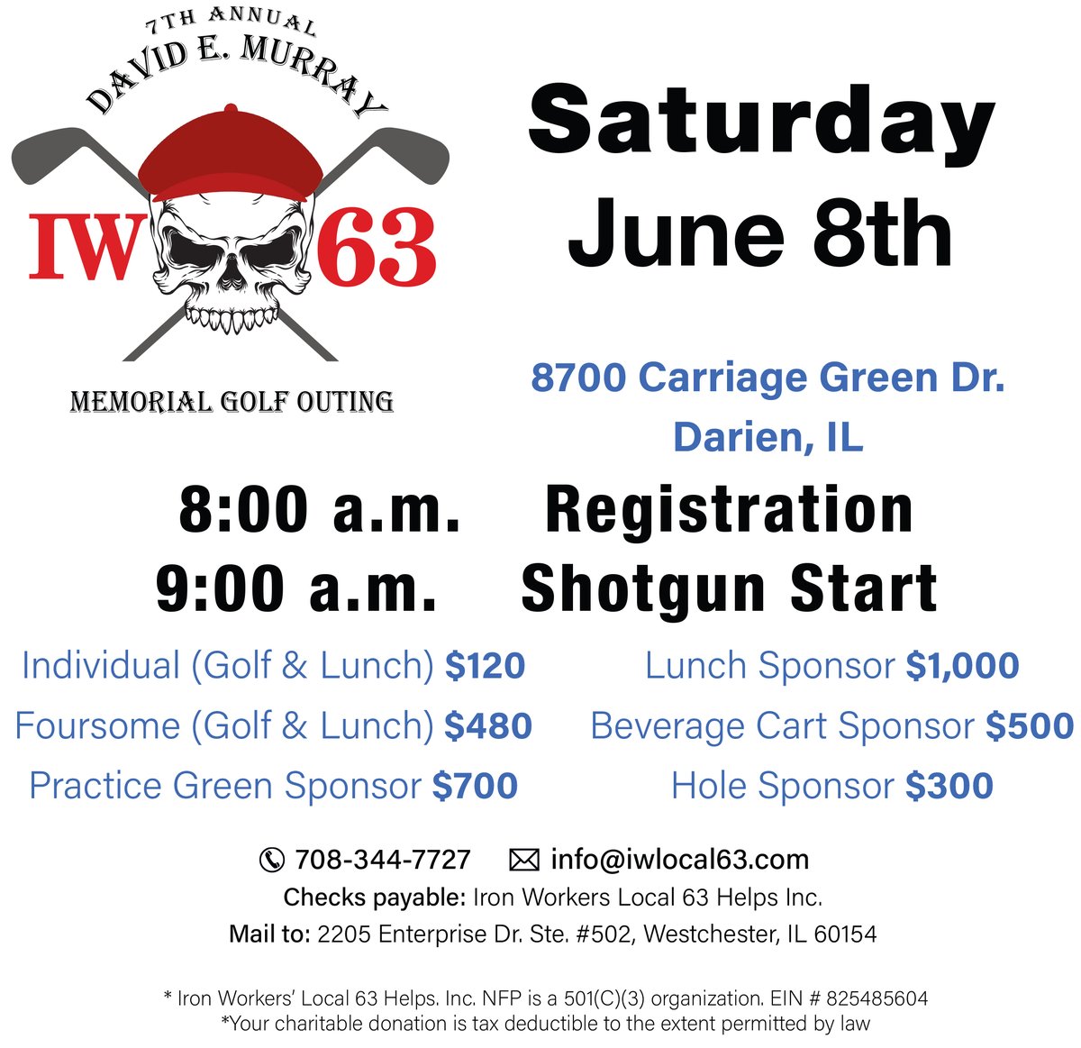 <a href="/63_local/">Ironworkers Union Local 63</a>'s 7th Annual David E. Murray's Memorial Golf Outing takes place Saturday, June 8 at the Darien-based Carriage Greens Country Club! Sponsorships are available.
iwlocal63.com
#UnionStrong #GolfOuting #Sponsorship