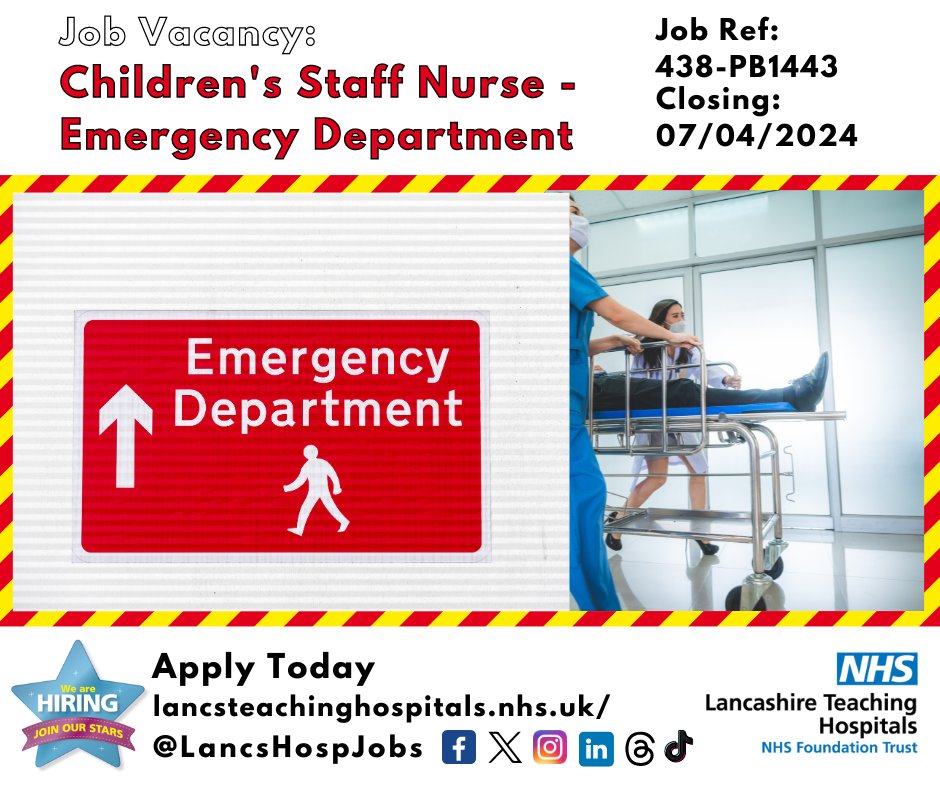 Job Vacancy: Children's Staff Nurse - Emergency Department @LancsHospitals ⏰Closes: 07/04/2024 Read more and apply: lancsteachinghospitals.nhs.uk/join-our-workf… @LTHTREmergency1 #NHS #NHSjobs #lancashire #lancashireJobs #Preston #Chorley #ED