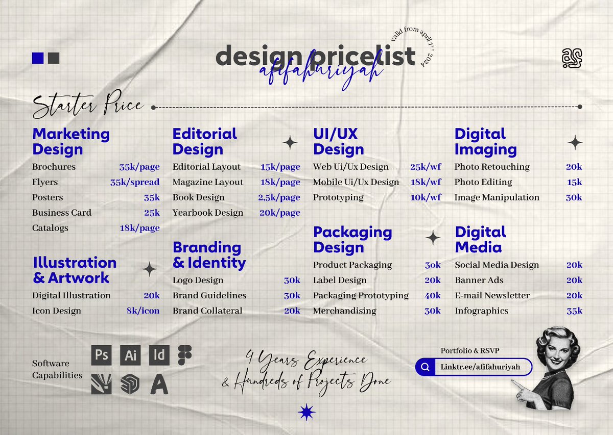 afifahuriyah's tweet photo. UPDATE PRICELIST 01/04/24
Jasa/Joki Desain

📌 poster, layout buku, katalog, yearbook, logo, stiker, flyer, x-banner, majalah, koran, ui/ux design, digital imaging, edit foto, vektor, jersey, kaos, menu, kemasan, graphic, dsb.

📍 https://t.co/H9y3d3qdUJ
—seeya!
#zonaba #zonauang https://t.co/zaxqC0aQK0
