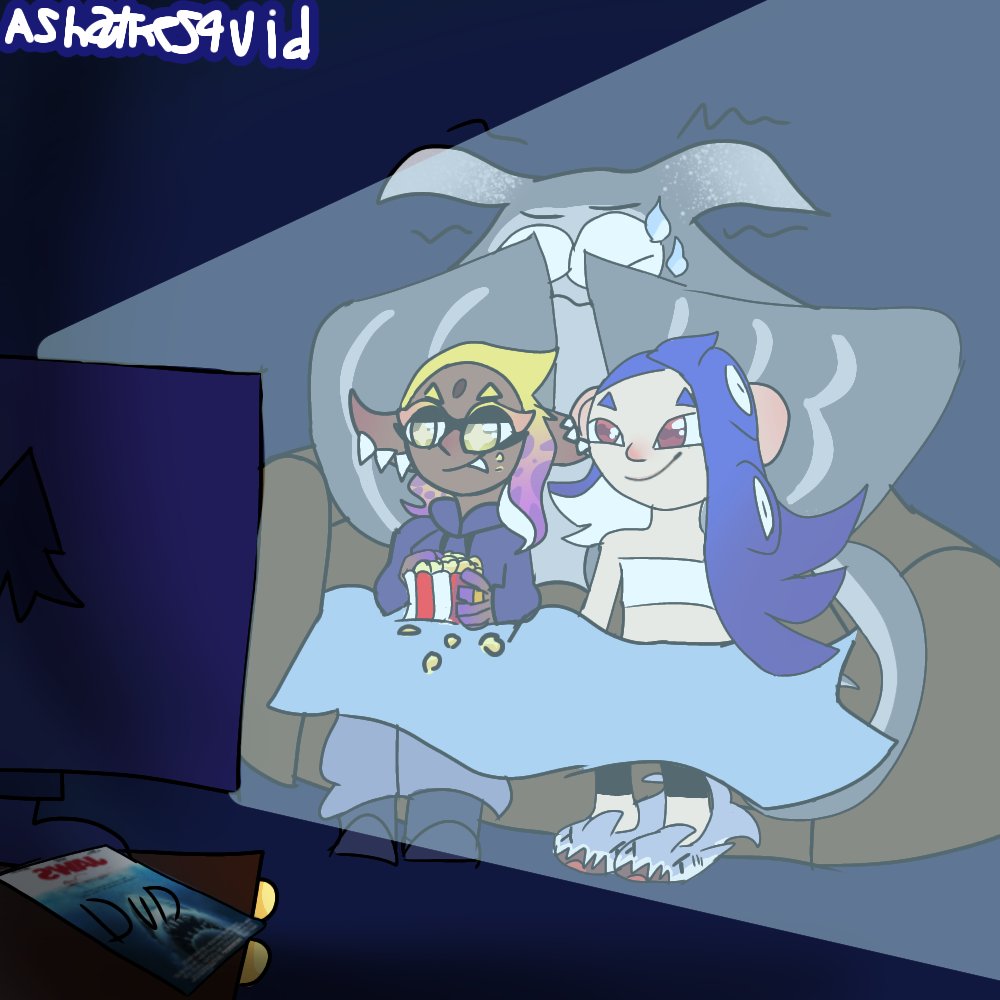 _Ashasquid_'s tweet photo. So I had a littie #headcanon where #deepcut would watch shark movies together #Bigman isn't really a fan of those movies #Splatoon3 #squitter #drawing #Ashathesquid #myartwork #shiverhohojiro #fryeonega
#bigmansplatoon #splatoonart #fryver #shivyer https://t.co/RuQqV0Ic28