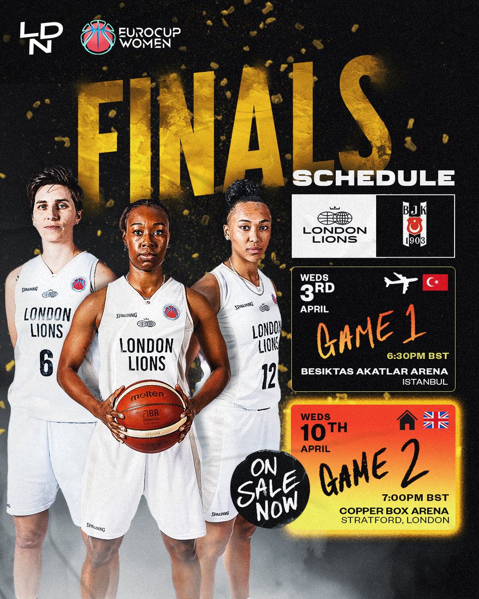 THE EUROCUP FINALS SCHEDULE 🏆📆 This is a historic moment for British Basketball, and tickets for the second leg at @CopperBoxArena are on sale now! ⤵️ ✈️🇹🇷 Game 1: Wednesday 3rd April - Beşiktaş 🏡🦁 Game 2: Wednesday 10th April - @CopperBoxArena #WeAreLondon