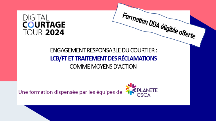 Votre formation DDA éligible offerte au #DigitalCourtageTour : LCB/FT et réclamations 👨‍🎓👩‍🎓, dispensée par <a href="/planetecsca/">PLANETECSCA</a>
 
ℹ️ Inscription gratuites 👉 digitalcourtagetour.fr

🗓️ Rennes (18/04), Lyon (30/04), Paris (16/05 - Complet), Lille (23/05) et Marseille (30/05)