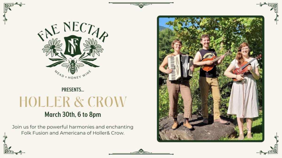 This Saturday, join Holler &amp; Crow at @faenectar for a magical evening filled with folk music! This event is free to all ages and is dog friendly! The event is going to be held from 6pm to 8pm! There will also be mead, beer, cider, and N/A drinks!
See you this weekend!