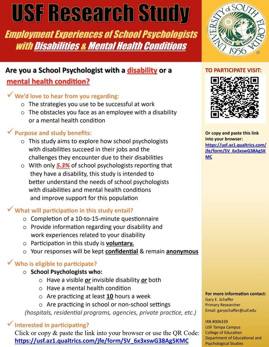 Did you know that only 5.3% of #schoolpsychologists identify as having a disability? 👏👏

It's time to change that! Consider sharing or partaking in the study below of you are a  #schoolpsych w a disability, mental health condition, or chronic illness

usf.az1.qualtrics.com/jfe/form/SV_6x…