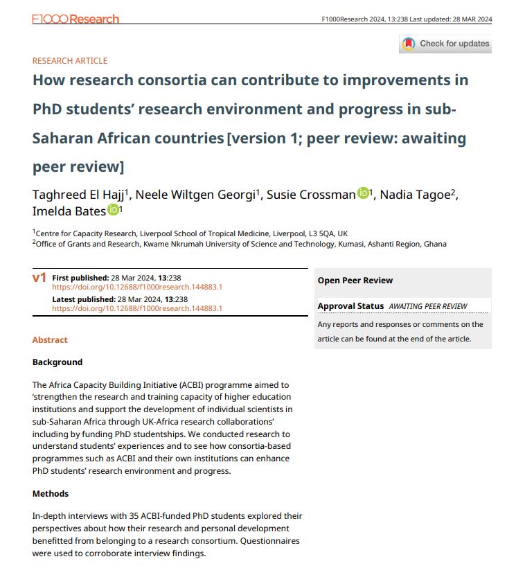 📰 New Paper! 'How research consortia can contribute to improvements in PhD students’ research environment and progress in sub-Saharan African countries' f1000research.com/articles/13-238 @F1000Research @TAG_H @NadiaTagoe @wilneele @LSTMnews @royalsociety