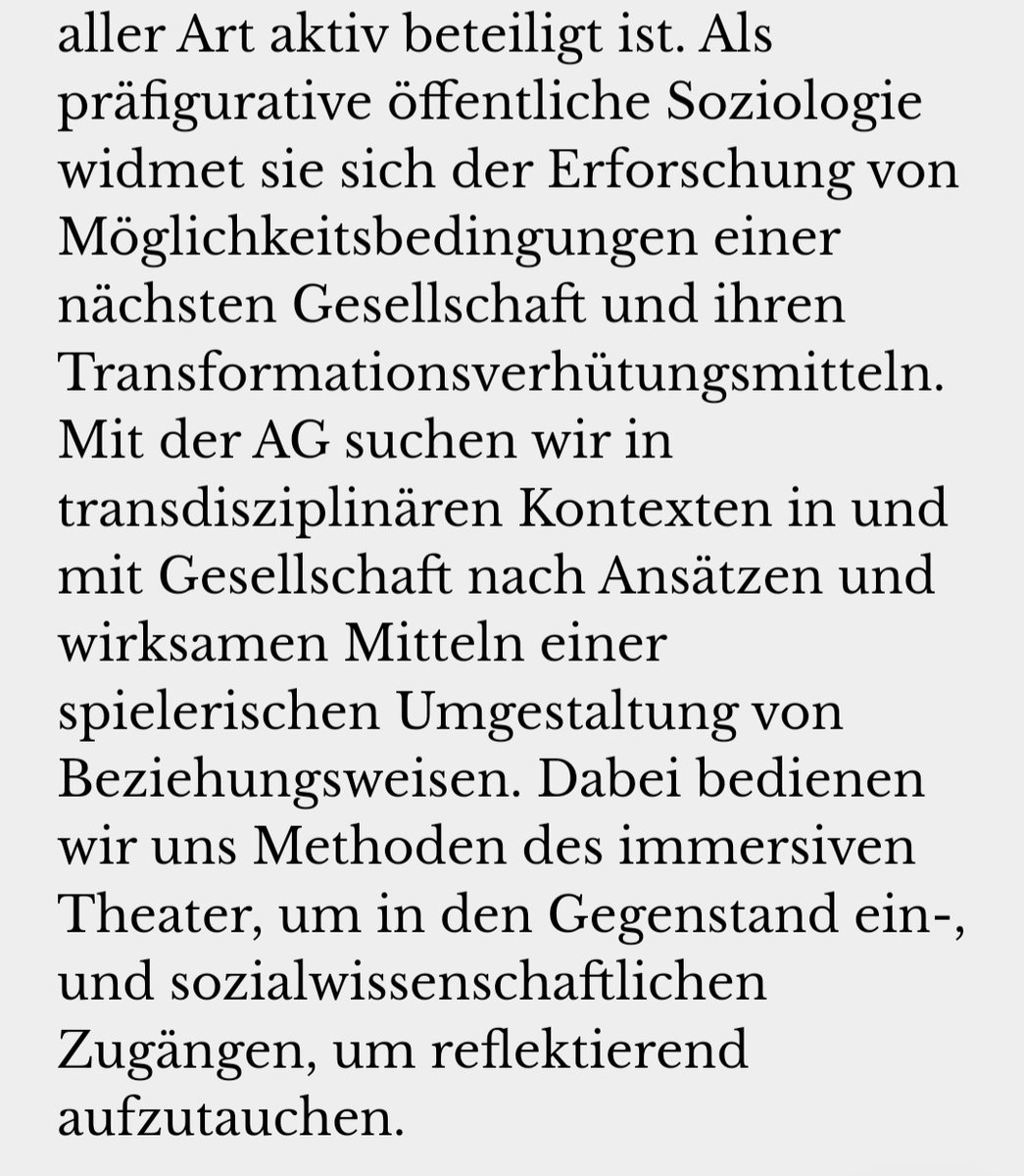 Es gibt jetzt eine Arbeitsgruppe für performative Soziologie bei der Gesellschaft für transdisziplinäre und partizipative Forschung (#GTPF):
 gtpf.science/arbeitsgruppen…

Wer mitmachen und in die Welt trans­dis­zi­pli­närer Forschung eintauchen will, möge Teil der GTPF und AG werden.