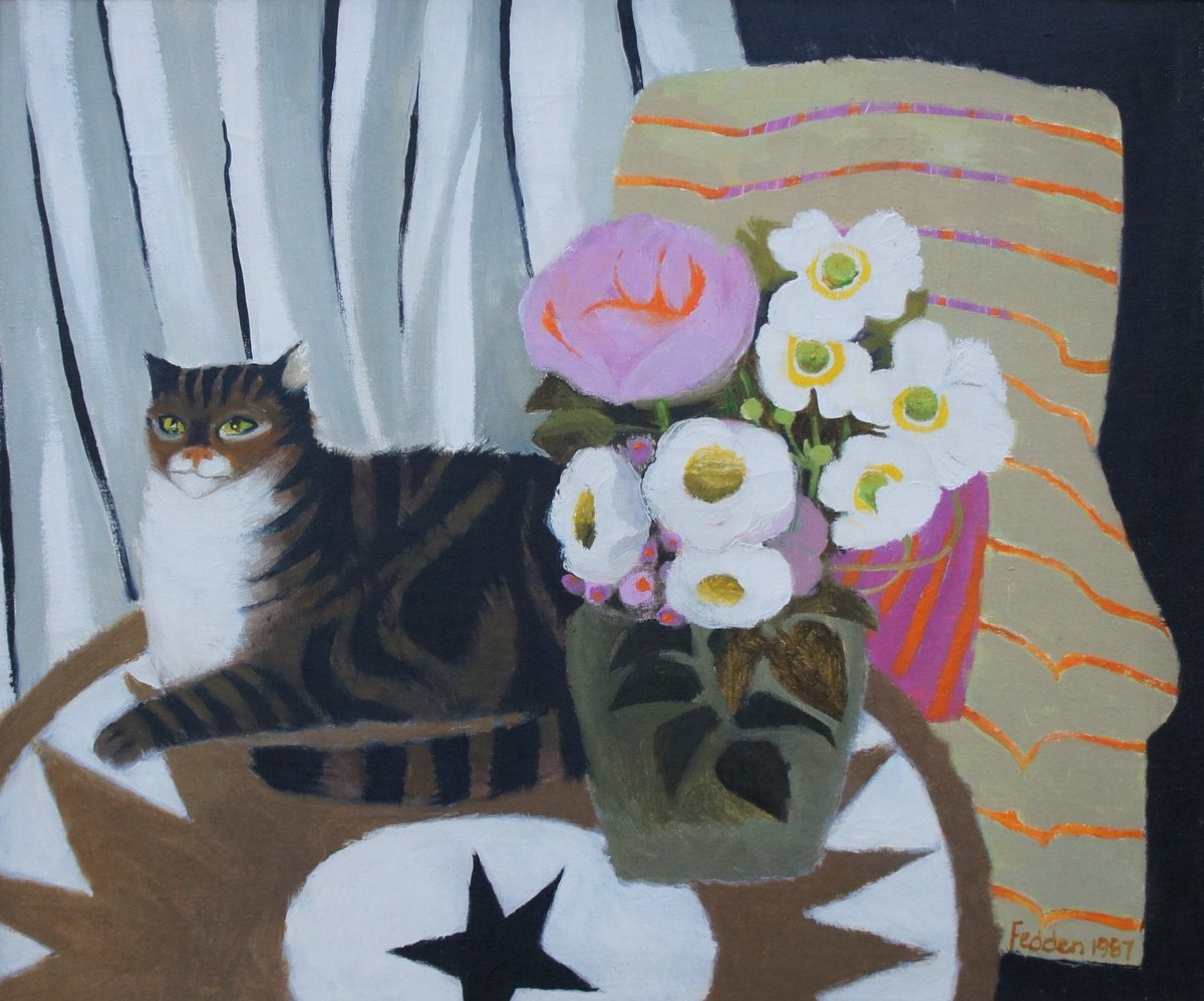 First posted July 2017 on tumblr. Mary Fedden (1915 - 2012) - The Table Top Star. 1987. Oil on canvas. #EnglishArt #BritishArt #CatsOfTwitter