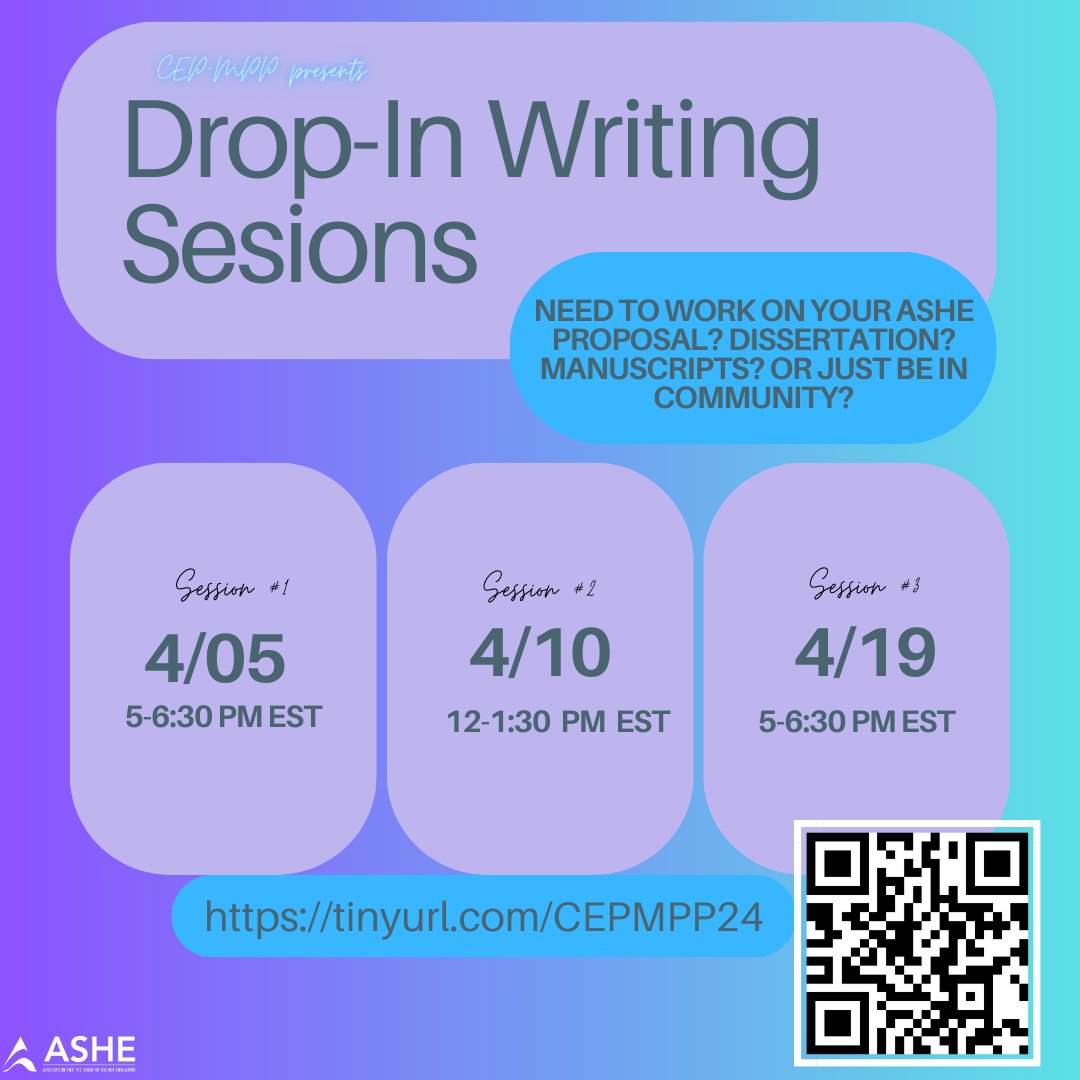 ASHE CEP_MPP (@cep_mpp) on Twitter photo <a href="/ASHEoffice/">ASHE</a> proposal deadline creeping up on you? Finalizing a manuscript? Working on your dissertation? Well come work in community with your #CEPMPP fam. 
Join us for our Spring #CEPMPP event- 4/5, 4/10, 4/10 we have a lil’ something for everybody! 
<a href="/ashegrads/">ASHE Grads</a> <a href="/ASHE_CEP/">Council for Ethnic Participation (CEP)</a> <a href="/ASHEoffice/">ASHE</a> proposal deadline creeping up on you? Finalizing a manuscript? Working on your dissertation? Well come work in community with your #CEPMPP fam. 
Join us for our Spring #CEPMPP event- 4/5, 4/10, 4/10 we have a lil’ something for everybody! 
<a href="/ashegrads/">ASHE Grads</a> <a href="/ASHE_CEP/">Council for Ethnic Participation (CEP)</a>