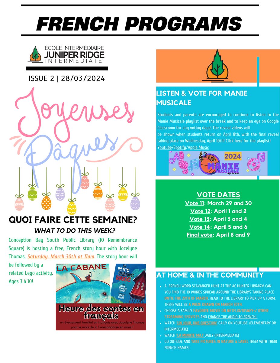 Joyeuses Pâques! Here are some ideas for at home and in the community during the break to keep up with the French language! <a href="/JuniperRidgeNL/">Juniper Ridge Int</a>