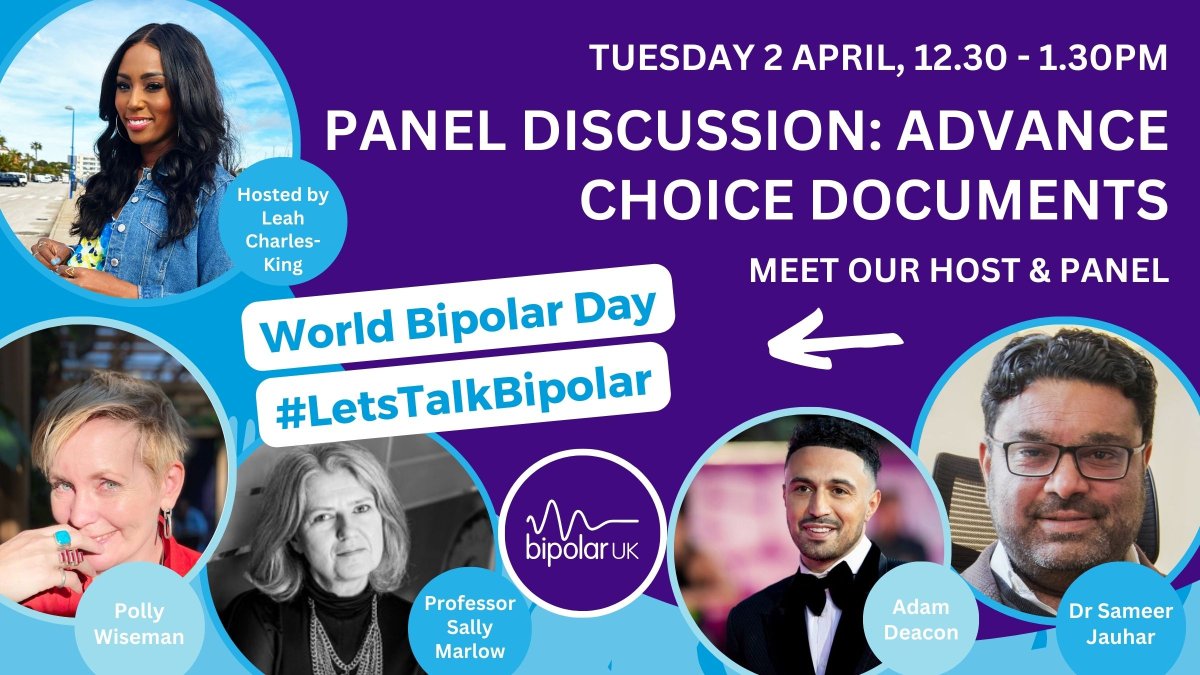 Join us for our final event for World Bipolar Day, where we'll explore whether Advance Choice Documents can save bipolar lives... @leahcharlesking @realadamdeacon @Firecrazee 📆 Date: Tues 2 April 🕕 Time: 12:30-1:30pm 👉 lght.ly/oe120ca #WorldBipolarDay #LetsTalkBipolar
