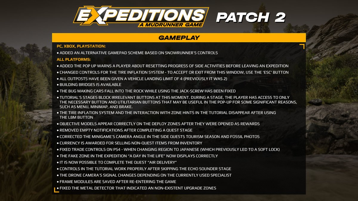 Console players, rejoice! The second patch of #Expeditions: A MudRunner Game is now live on PS and Xbox! It includes: 🚛A new truck: the Scout 800 🎮SnowRunner's control scheme ✨Bug Fixes & QoL improvements ...and more, see below: forums.focus-entmt.com/topic/65458/ex…