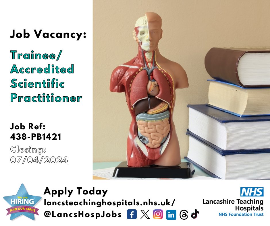Lancashire Teaching Hospitals Jobs 💙 (@lancshospjobs) on Twitter photo Job Vacancy: Trainee/Accredited Scientific Practitioner <a href="/LancsHospitals/">Chorley & Royal Preston</a>
15 Hours per week
Permanent: If training needed, Band 6 Annex 21 12 month contract will be issued
Based in #Chorley
⏰Closes: 07/04/24
Read more and apply: lancsteachinghospitals.nhs.uk/join-our-workf…
#LowerGi #NHS #NHSjobs Job Vacancy: Trainee/Accredited Scientific Practitioner <a href="/LancsHospitals/">Chorley & Royal Preston</a>
15 Hours per week
Permanent: If training needed, Band 6 Annex 21 12 month contract will be issued
Based in #Chorley
⏰Closes: 07/04/24
Read more and apply: lancsteachinghospitals.nhs.uk/join-our-workf…
#LowerGi #NHS #NHSjobs