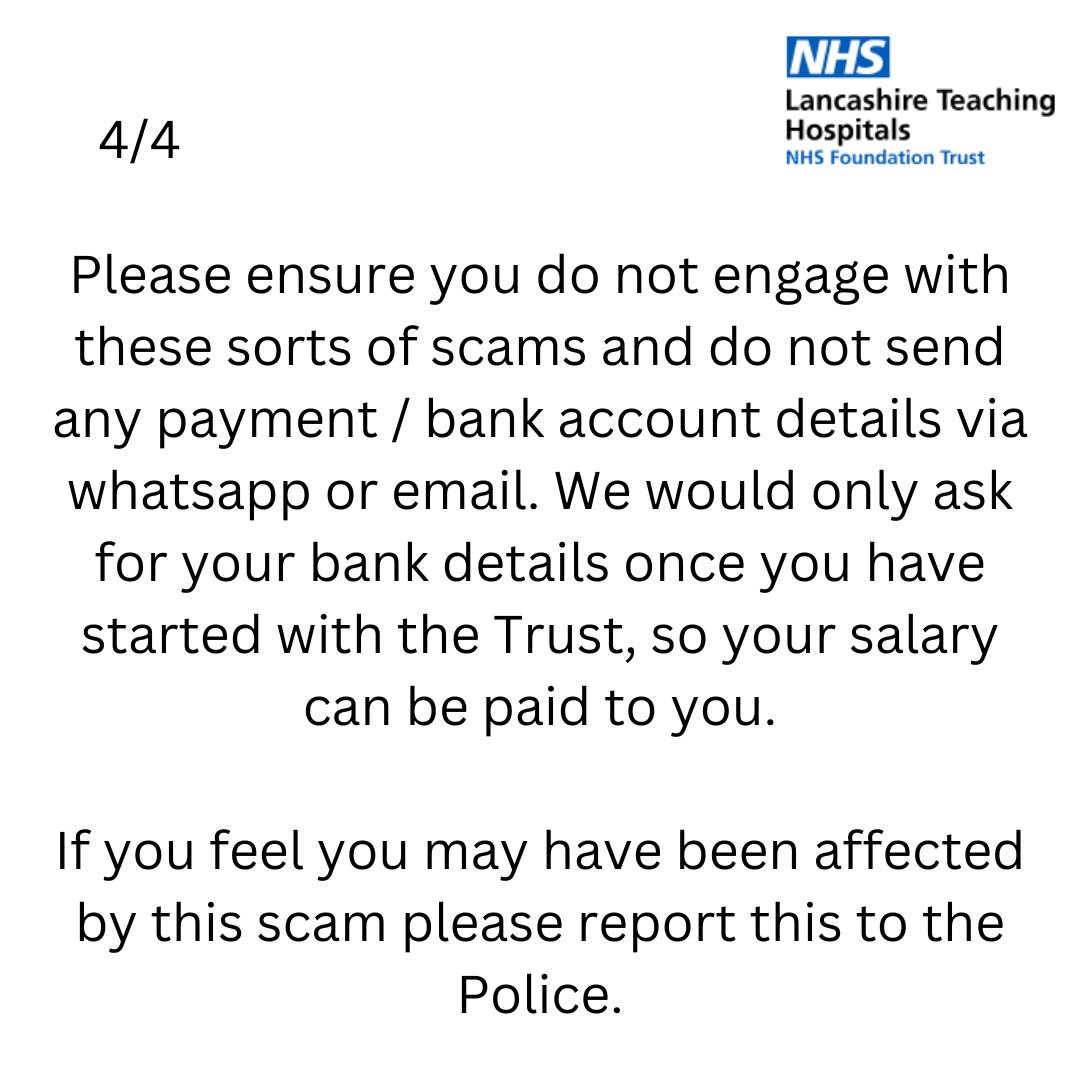 Beware of employment scams falsely offering roles at Lancashire Teaching Hospitals. Genuine offers only come through our Trac system after formal interviews, with no payment requested prior to employment. Stay vigilant and report any suspicious activity to the authorities.