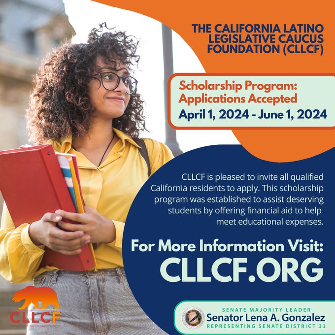 Attention Students!

The @LatinoCaucus is offering scholarships!

Applications will be accepted April 1 through June 1, 2024.

Visit cllcf.org to view the application and for eligibility info.

#ScholarshipOpportunity #CLLCF