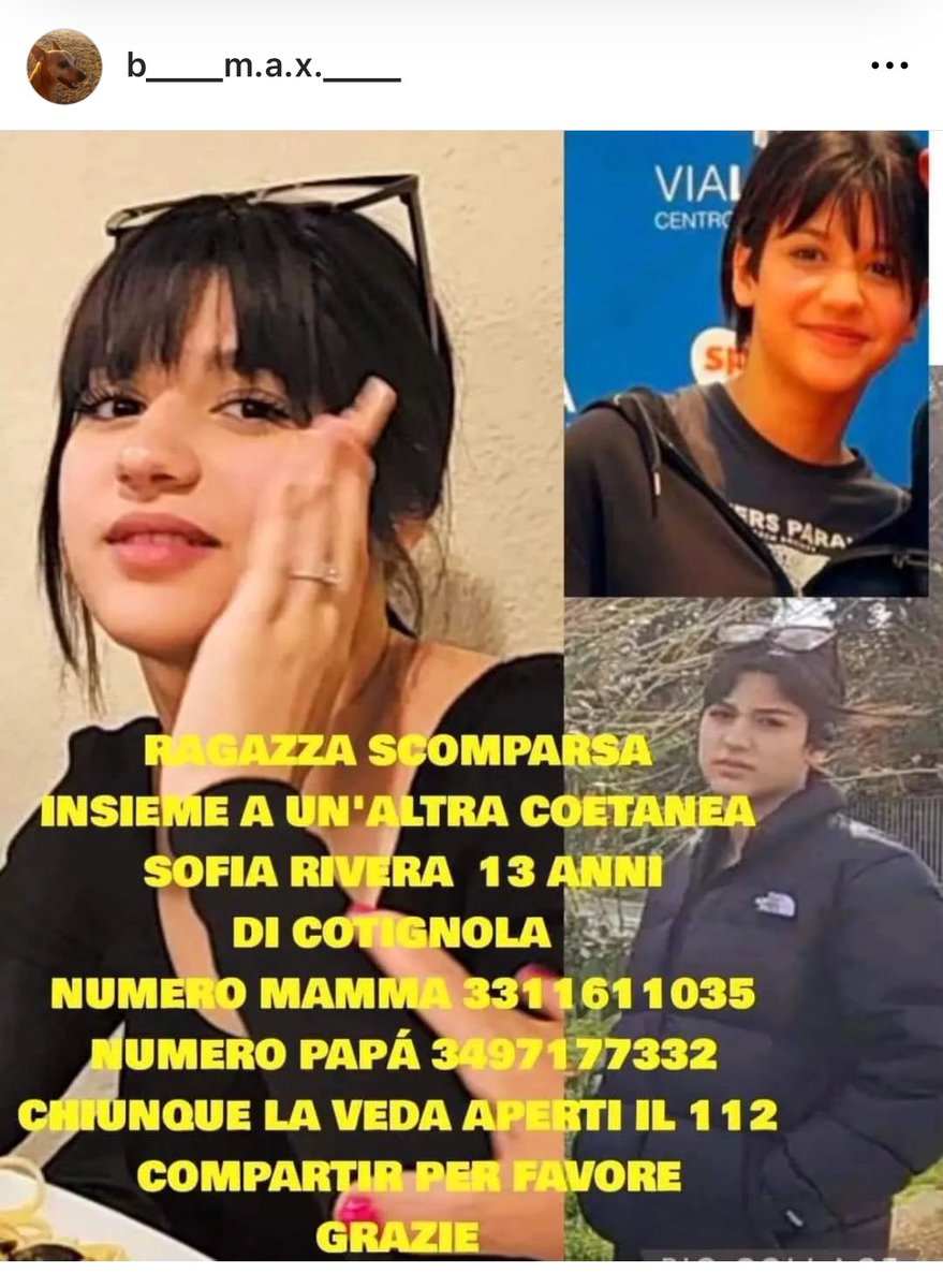 Ragazzi per favore, aiutiamo mamma e papà a ritrovare la propria figlia allontanatasi da casa ieri?

Si chiama Sofia e ha solo 13 anni! È scomparsa a Cotignola (RA)

CONDIVIDETE PRIMA CHE SIA TROPPO TARDI GRAZIE